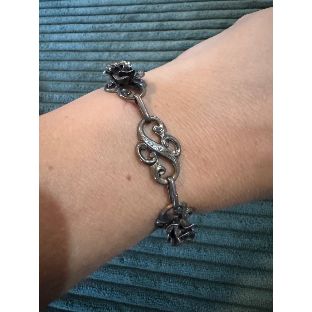 Sterling Silver Rose Flower‎ Festival Bracelet Art Nouveau Floral Bracelet